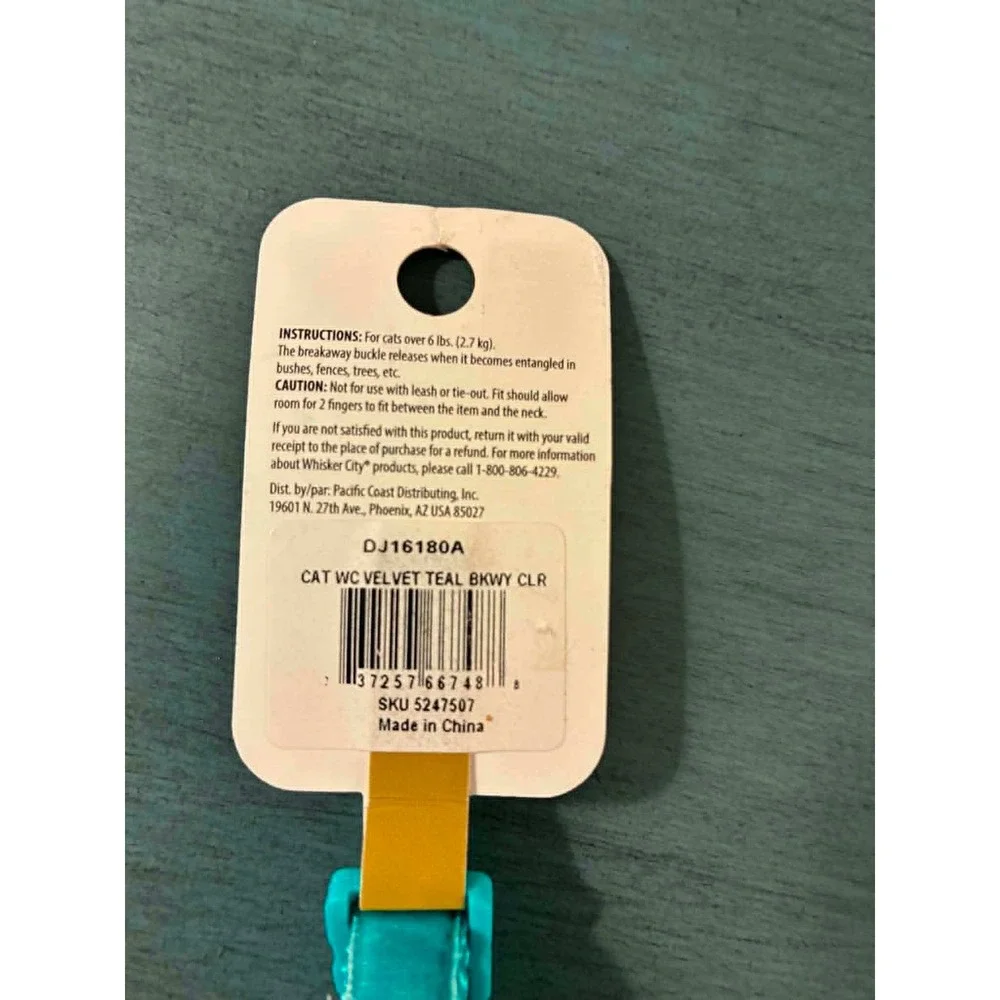 Whisker City Cat Collar OS‎ Teal Velvet Breakaway Bell Adjustable DJ16180A